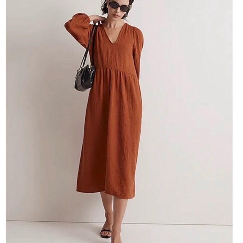 Madewell Rust V-Neck Long Sleeve Midi Dress